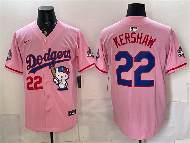Men's Pink Los Angeles Dodgers #22 Clayton Kershaw Hello Kitty Night 2025 World Series Champions Patch Stitched Baseball Jersey